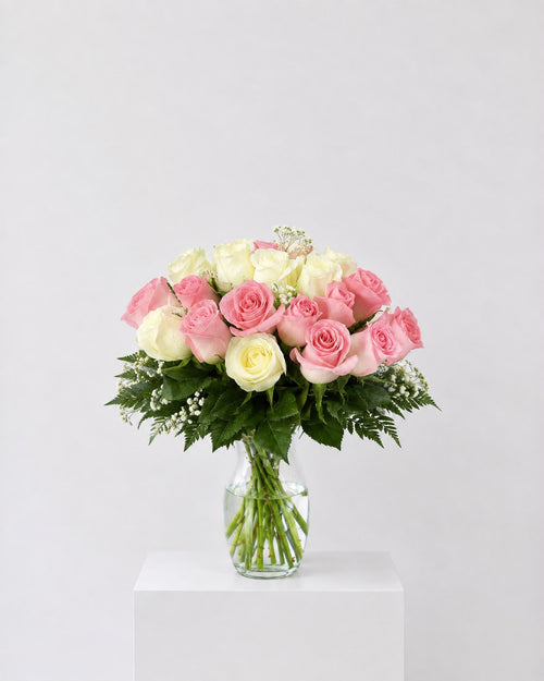 Pink and White Roses in Vase